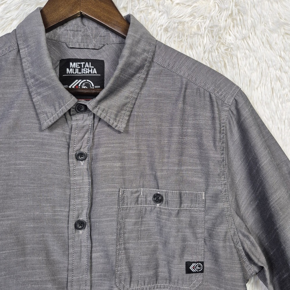 Metal Mulisha Shirt Mens L Gray Short Sleeve Button Up Biker Skater FMX